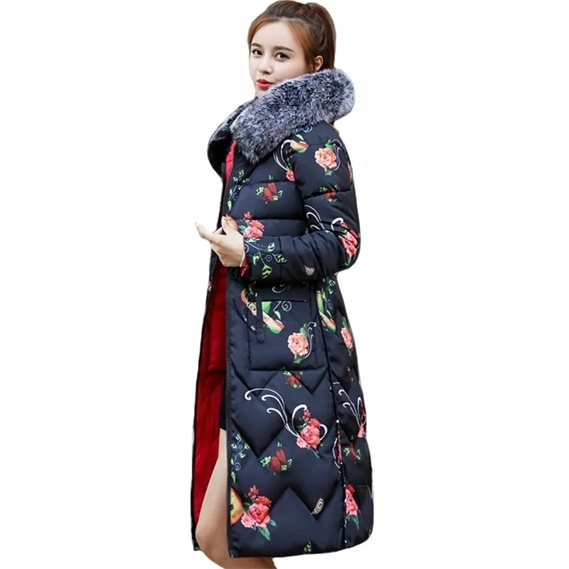 Entrambi i due lati possono essere indossati Giacca invernale donna arrivo con cappuccio in pelliccia Cappotto lungo imbottito femminile Outwear Print Parka 201210