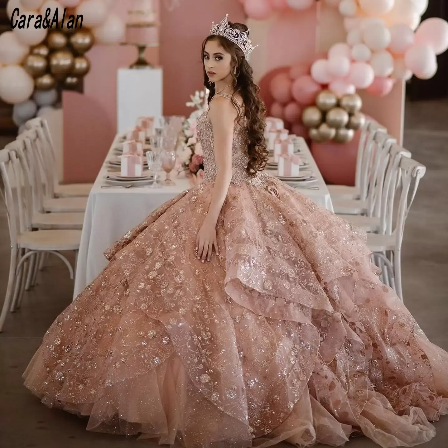 Dusty Pink Quinceanera Dress Ball Gown Lace-up Back Tulle Appliqu Beaded  Collar Floor-Length