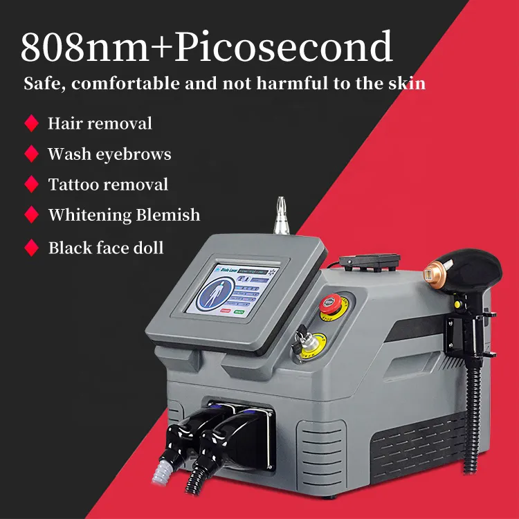 Salong Picosecond + 808 Diode Laser Hair Tattoo Removal Machine Q Switch Pico Laser Permanent Pigment Removal 1064nm 532nm 1320nm Skönhetsutrustning