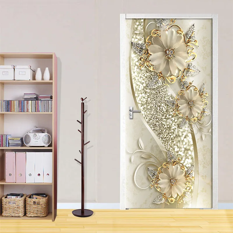 Autocollant de porte 3D, fleurs en relief dorées, papier peint d'art Mural, affiche en PVC auto-adhésif amovible, décalcomanie de maison 220716