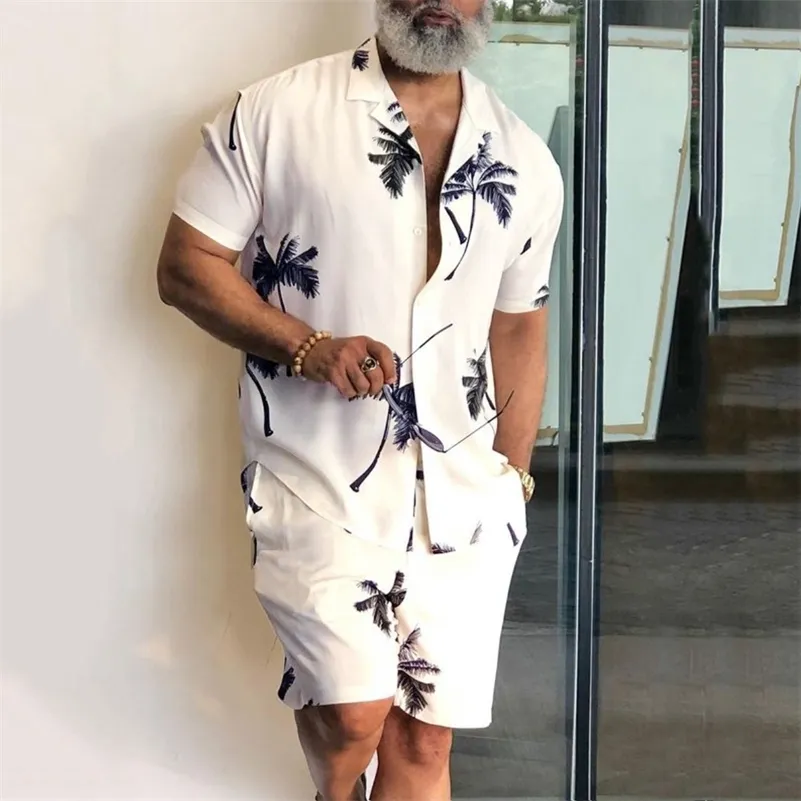 Summer Hawaii Trend Print Sets Men Shorts Shirt Clothing Set Casual Palm Tree Floral Beach Suit Manga Curta 220620