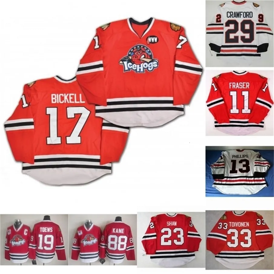 Vipceomit Rockford Icehogs 88 Patrick Kane 33 Hannu Toivonen 17 Bryan Bickell 19 Jonathan Toews 23 Andrew Shaw 13 David Phillips Hokey Jersey