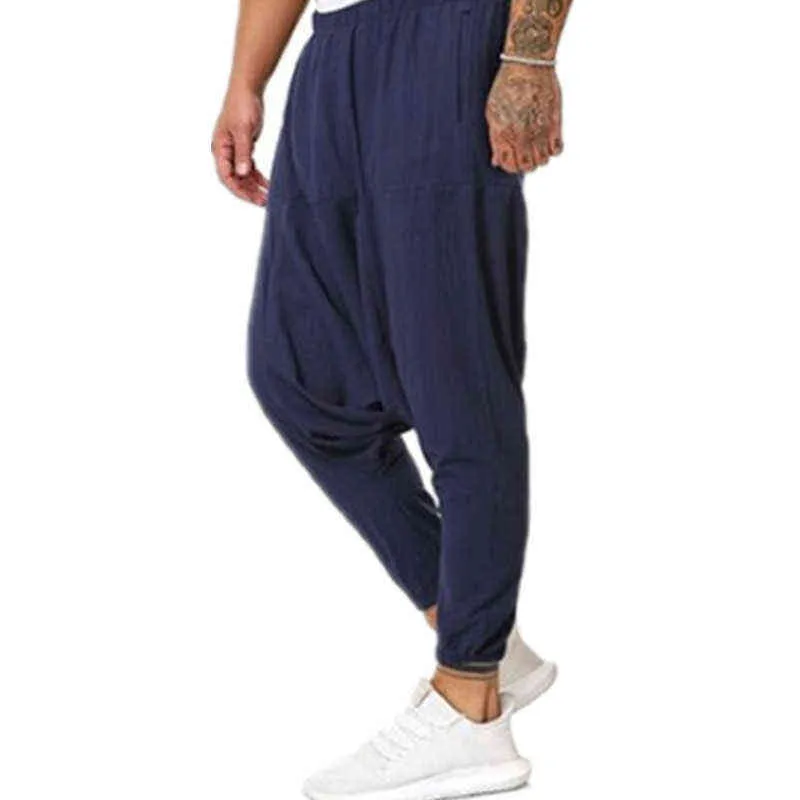 2022 männer Streetwear Baumwolle Leinen Drop Gabelung Hosen Männer Baggy Schwarz Harem Hosen Männlichen Hip Hop Joggers Hosen Mann Breite beine Hosen L220706