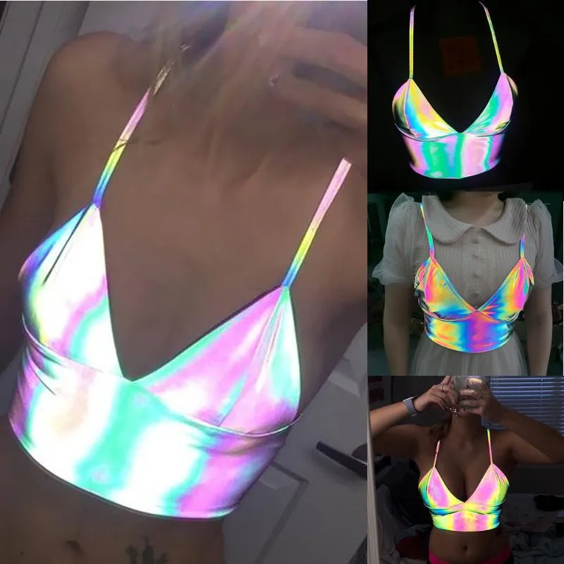 Tanks Femmes Camis Femmes V Cou Sexy Holographique Bralette Crop Top Sangle Réfléchissante Mode Été 2022 Sans Manches Débardeurs Sans Dos