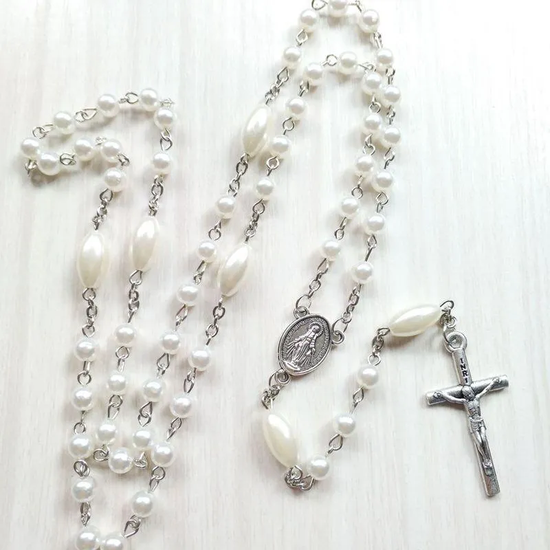 Hänge halsband lång vit akryl Jesus korsar radband halsband för män kvinnor religiös juvelrypendant