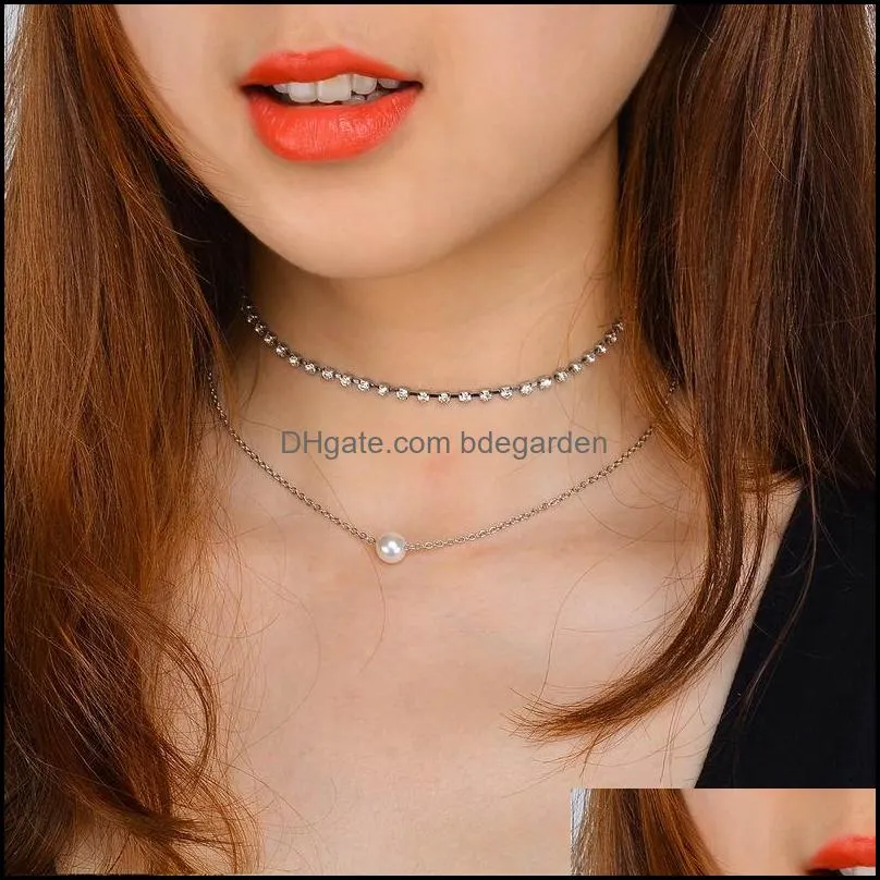 new design lovely style 2 layers imitation pearl pendant necklace multilayer crystal chain choker necklace for girls gift