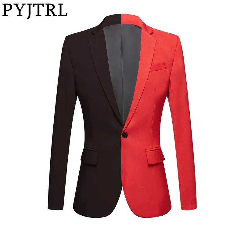 PYJTRL Mode Moitié Noir Rouge Casual Manteau Hommes Blazers Stage Singers Costume Blazer Slim Fit Party Prom Costume Veste Vêtements 201104