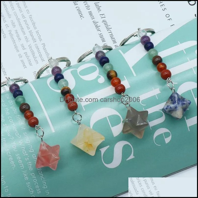 healing reiki chakra carved hexagram natural stone key rings pendant keychain crystal chakras quartz chains jewelry accessories