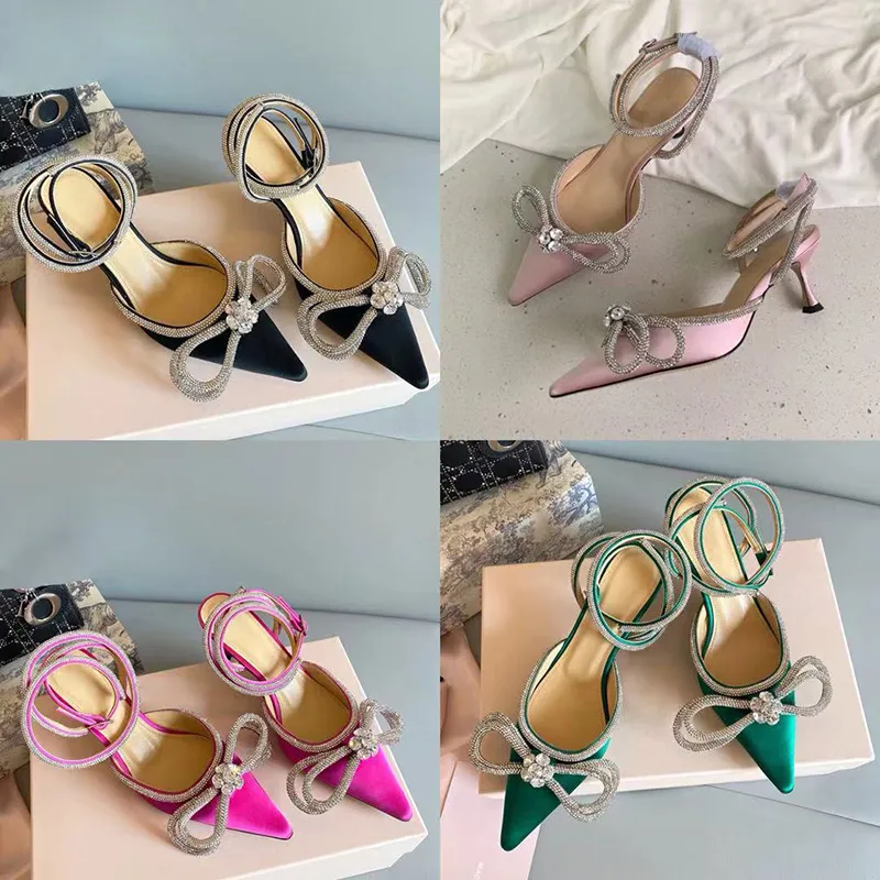 Shoes MACH shoes for womens Satin sandals Bow Pumps Crystal Embellishments rhinestone 6.5cm kitten Transparent PVC 240229