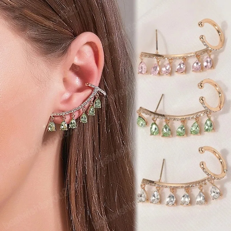 Korean Temperament Water Drop Tassel Earrings Crystal Zircon Ear Clip for Women Fashion Exquisite Party Banquet Accessories