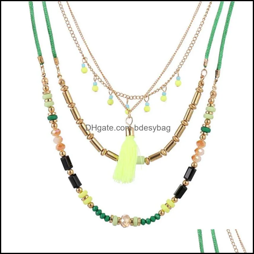 bohemian fashion ethnic style multi layer rice bead chain tassel pendant holiday necklace zemz