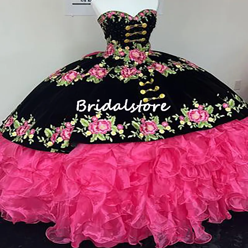 Princesse Fushia Quinceanera Robe Charro Floral Broderie Robe De Bal Mexicaine Douce 15 Robes Corset Robes De 16 A￱os 2022 Robe De Bal De Luxe Robes D'anniversaire