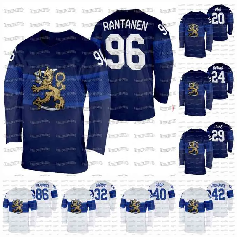 C202 Finland 2022 Winter Hockey Jersey 20 Sebastian Aho 24 Kaapo Kakko 29 Patrik Laine 40 Tuukka Rask 32 Juuse Saros 96 Mikko Rantanen 42 Miro