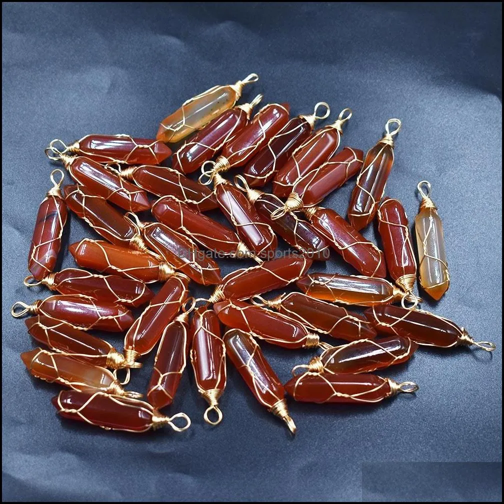 crystal glass red agate pillar shape charms stone point handmade iron wire pendants for necklace earrings jewelry making