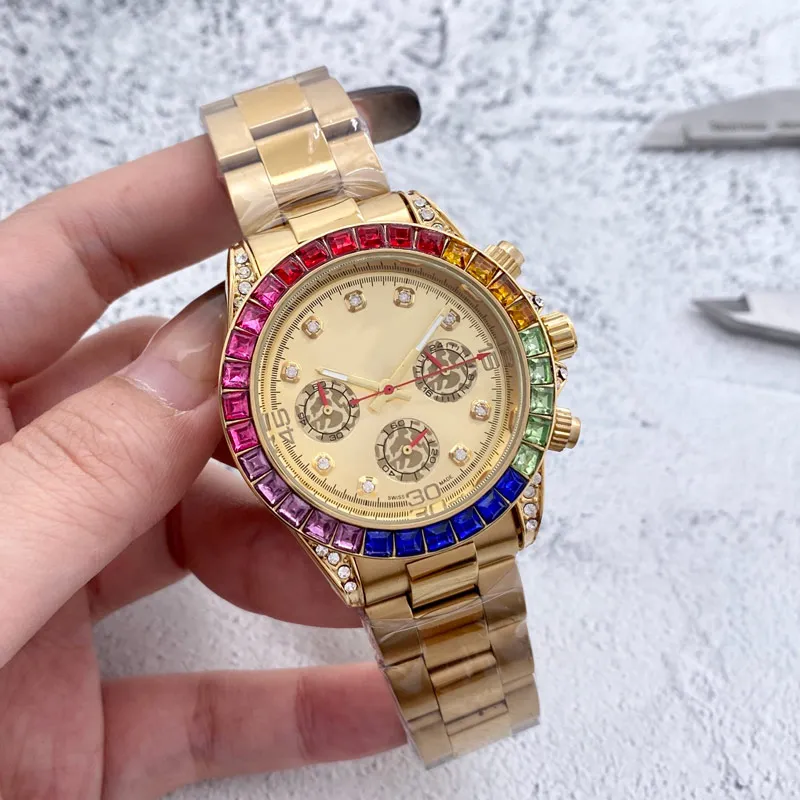 Luksusowy męski designerski zegarek moda Rhinestone bezel diamentowa tarcza zegarki z mechanizmem chronografu zegarki na rękę dla mężczyzn urodziny boże narodzenie prezent na dzień ojca montre