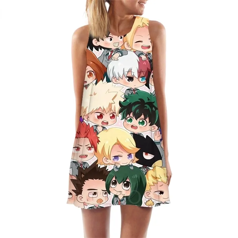 Mulheres tanques de tampas anime My Hero Academia 3D Print Cartoon Vestido solto vestido de colete curto sexy fêmea sem mangas W220616