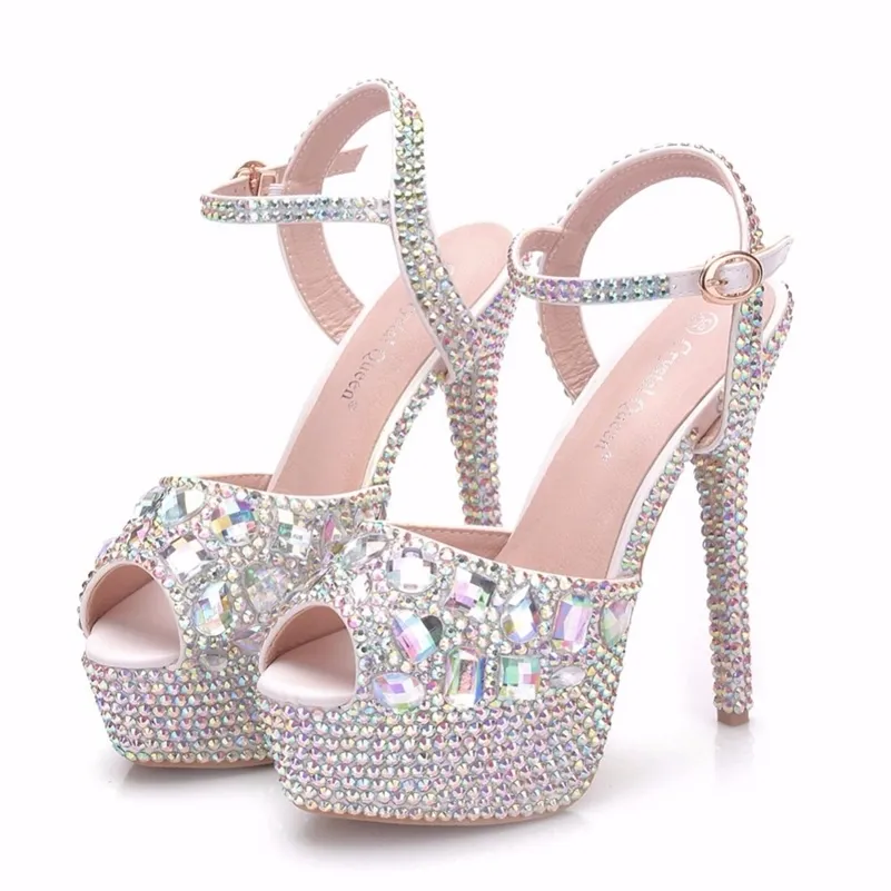 Crystal Queen – escarpins de mariage à talons Super hauts pour femmes, chaussures Peep de 14cm, plate-forme de 4CM, bracelet Stiletto coloré, 220516