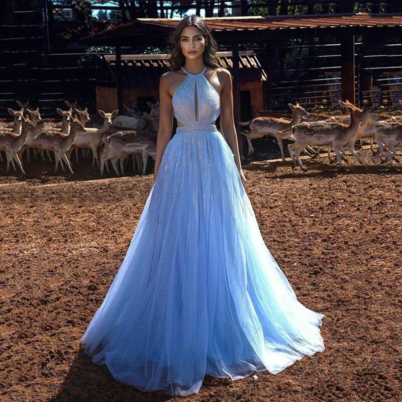 Sukienki na imprezę niebieską kantarkę glitter sukienkę wieczorową A-line seksowne plecy formalne suknie.