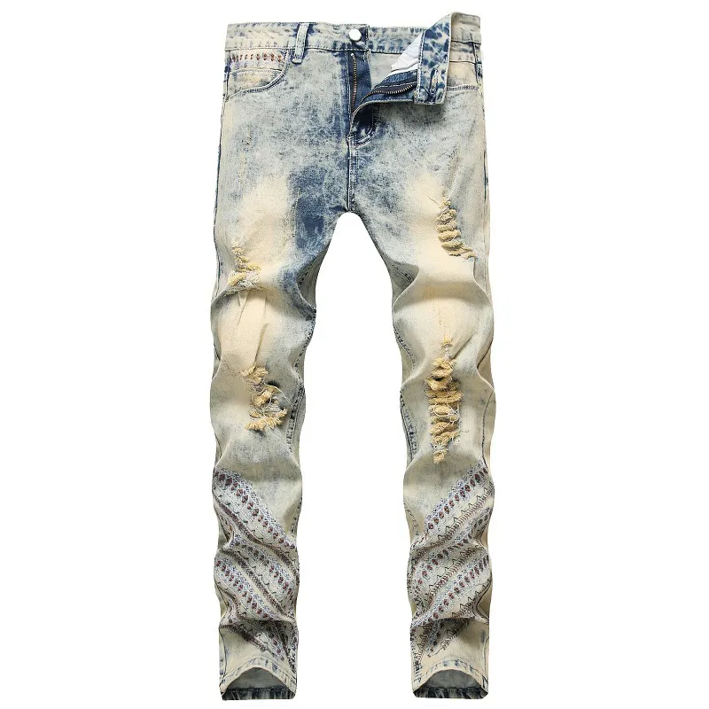 Ripped Embroidered Jeans For Men Light Color Nostalgic Pantalon Homme Jean Street Biker Denim Trousers Straight Stretch Pants