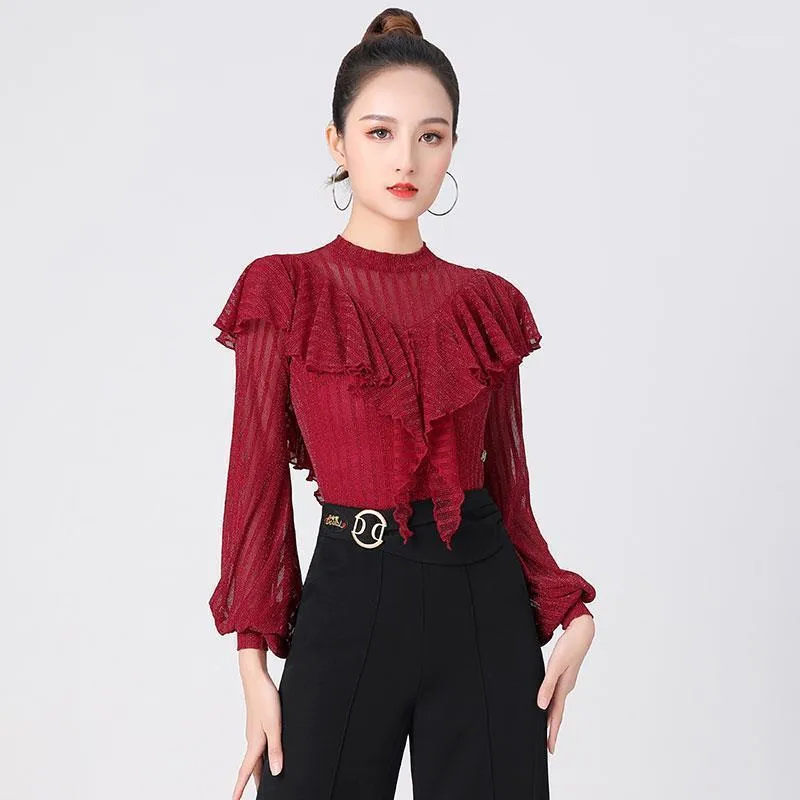 Women's Blouses & Shirts Women 2022 Spring Fashion Latin Dance Costume Female Puff Sleeve Clothes Ladies Mesh Practice/Performance Shirt Q32