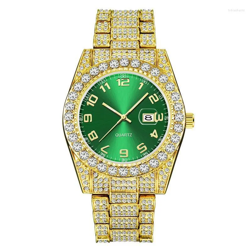 Avanadores de punho Brand Genuine 3583 Luxury Diamond Watches Hip Hop Men Alloy Calendário Golden Quartz Watch Relloj Hombre Acero Inoxidable Green