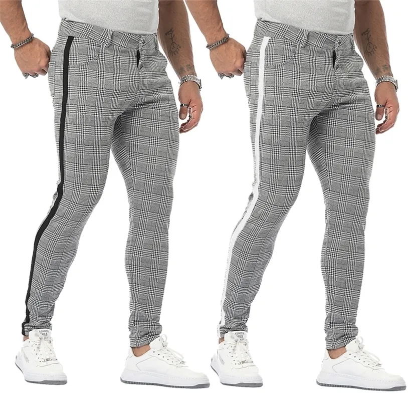 Men's Casual Plaid Pants Down Slim Gray Skinny Plus Sizes Long Fashion Streetwear Men Business Elastic Cotton Checked Trousers 220325