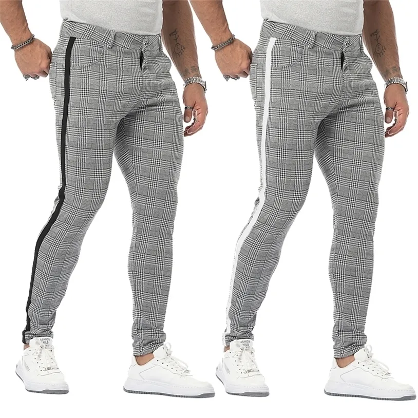 Pantalones a cuadros casuales para hombres Abajo Slim Gris Flaco Tallas grandes Moda larga Streetwear Hombres Negocios Elástico Algodón Pantalones a cuadros 220325