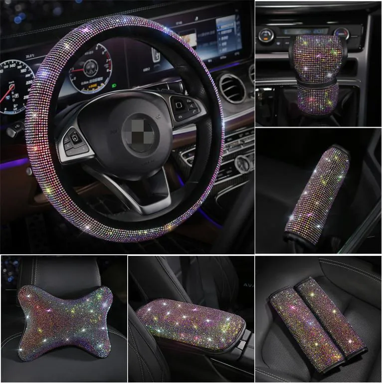 Coprivolanti Bling Brillanti strass Copriauto in cristallo PU Volante in pelle Accessori per auto Kit custodia per ragazzeSteering