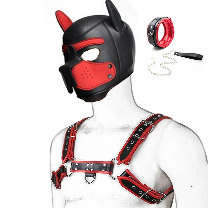 Puppy Play Dog Hood Mask Bdsm Bondage Leather Men's Chest Harness Strap Neck Collar sexyy Costume Fetish Role sexy Toys