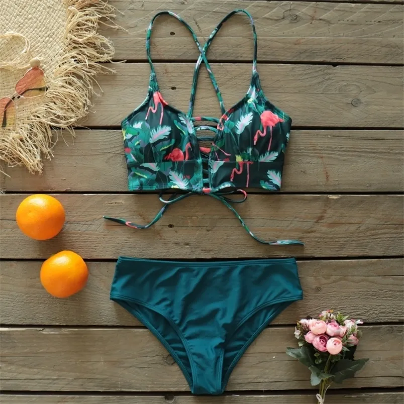 2021 Ny Sexig låghöjd bikini Set Women Swimsuit Lace Up Badkläder plus storlek Baddräkt Beach Wear Print Summer Biquini Female 210319