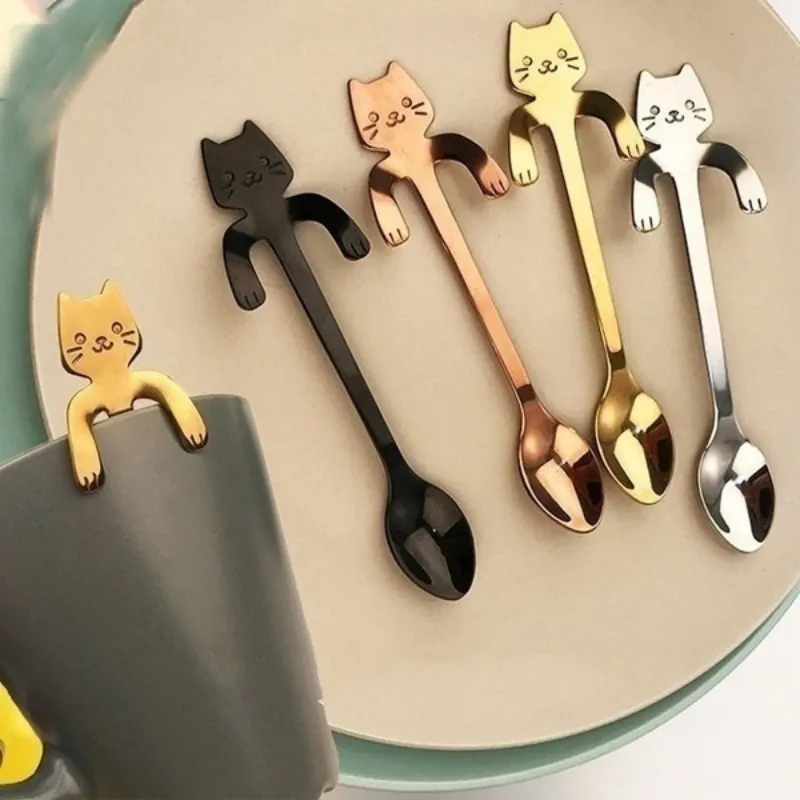 Kaffedrickverktyg Kök Gadget Rostfritt stål Spoon Milk Dessert Snack Children Cartoon Cat Spoons Table Seary 220509