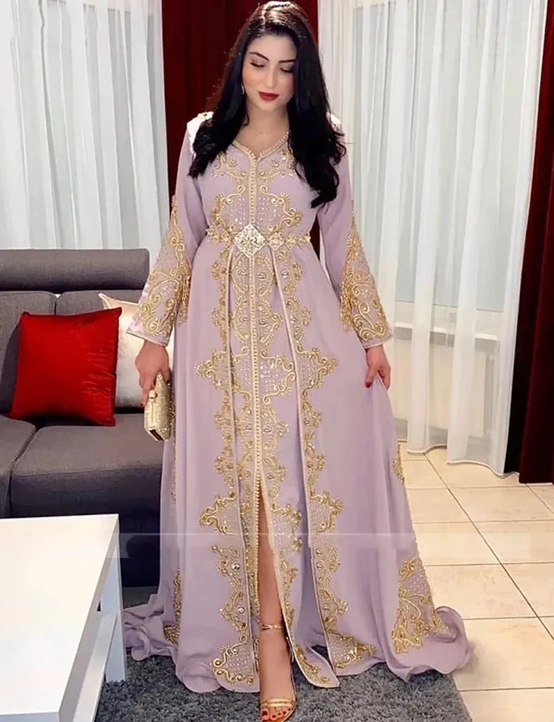 Lavender Lilac Muslim Evening Dresses Beaded Lace Dubai Caftan Long Sleeve Prom Vestidos Formales Robe Soiree De Mariage 322