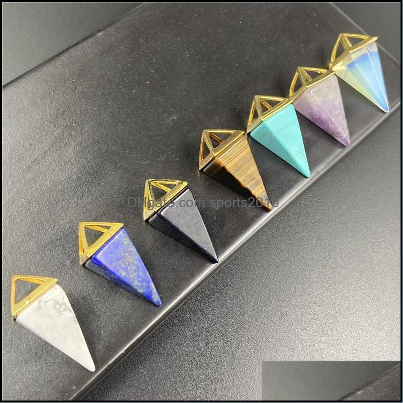 healing crystal natural stone pendant four faceted cone charms turquoise tiger eye lapsi pink crystal rope chain necklaces wholesale christmas jewelry