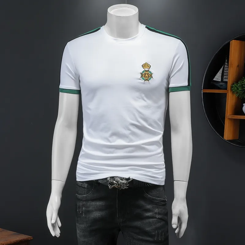 Embroidered short-sleeved T-shirt 2023 summer tops mercerized cotton fashion trend all-match business casual men's bottoming 326s