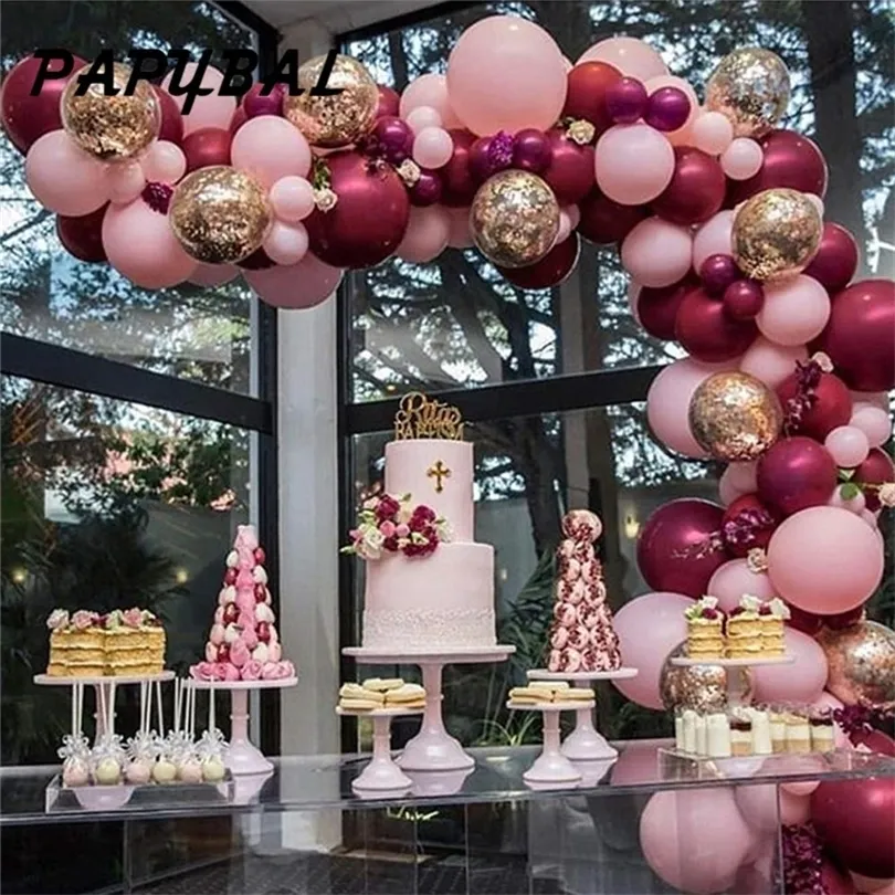 112pcs/مجموعة بالونات Baby Pink Burgundy Garland Arch Kit Confetti حفل زفاف زفاف الطفل الذكرى السنوية الزخرفة T200526