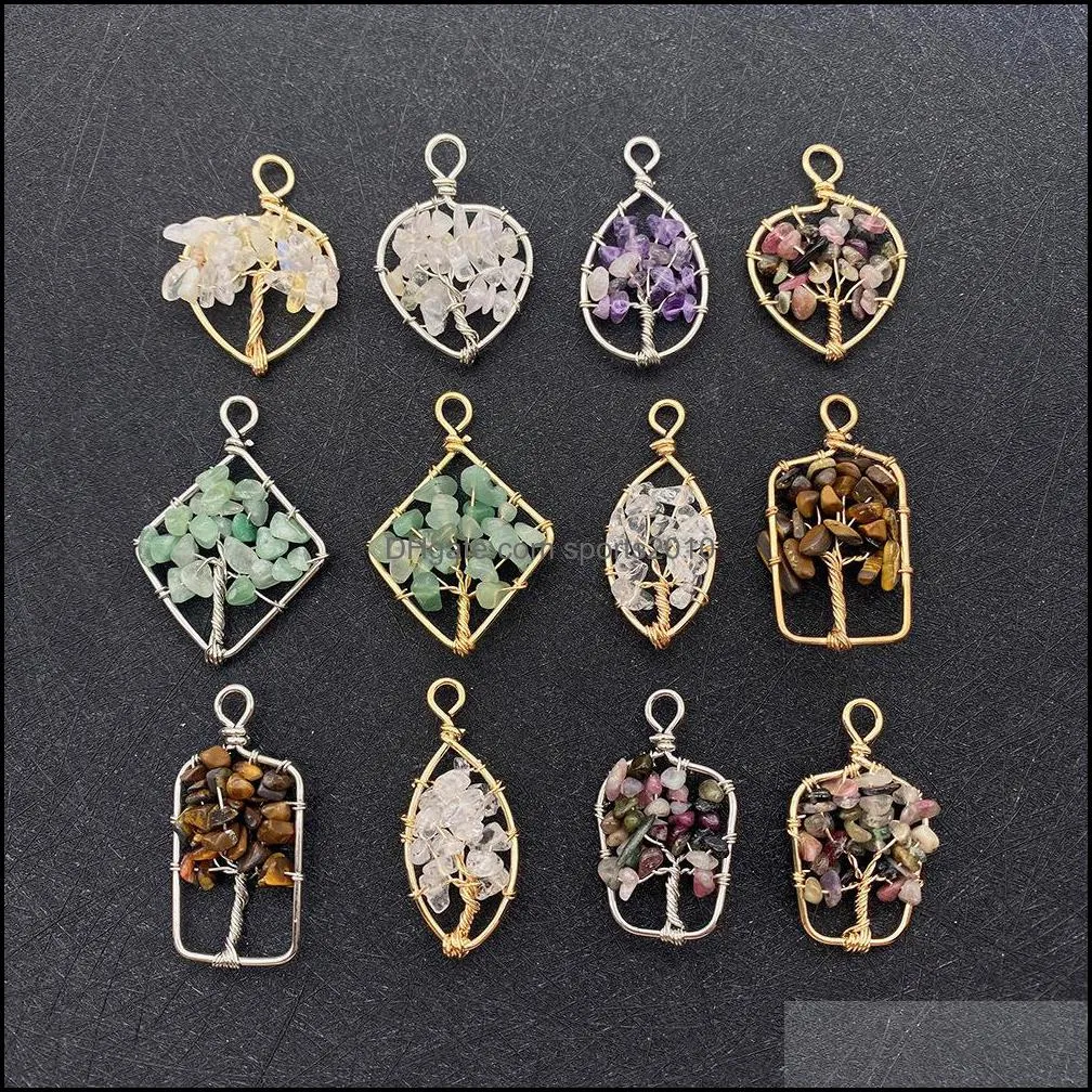 natural crystal stone beads charms wire wrapped tree of life pendant chakra reiki healing amethyst aventurine pendants sports2010