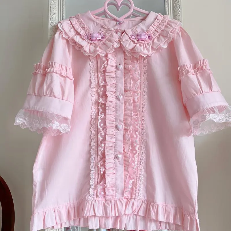 Women's Blouses & Shirts Japanese Lolita Fashion Women Blouse 2022 Summer Tops Soft Girl Kawaii Lace Puff Short Sleeve Button Shirt Pink Blu