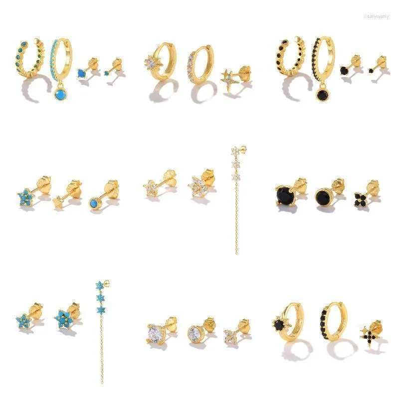 Stud Aide Juego de pendientes de plata de ley 925 con circonita, color negro, blanco, turquesa, flor y estrella, para mujer, precioso juego de joyas para piercingStud Dale22 Far