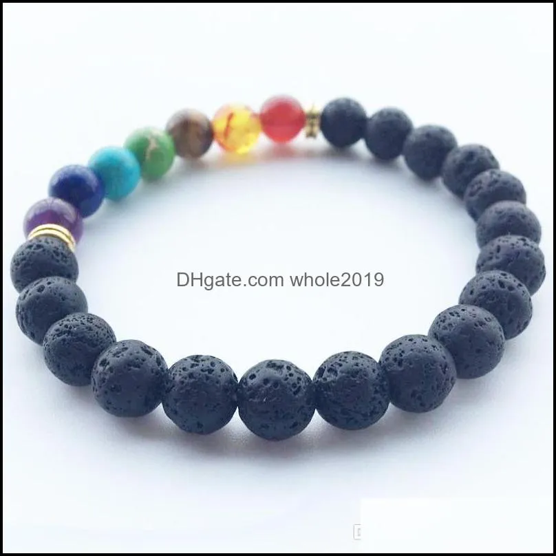 hot natural black lava stone bracelets energy 7 reiki chakra healing balance 8mm colorful beads bracelet for men women stretch yoga