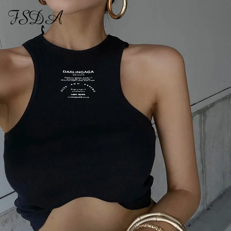 FSDA Letter Print Crop Top Women Casual Summer Off Shoulder Black Basic Sexy White Ribber Fashion Tank Tops Sleeveless 220622