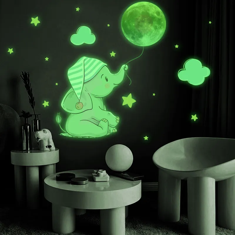Baby Elephant Moon Luminous Wall Sticker For Kids Room Bedroom Home Decoration Decals Glow In The Dark Combination Stickers 220716
