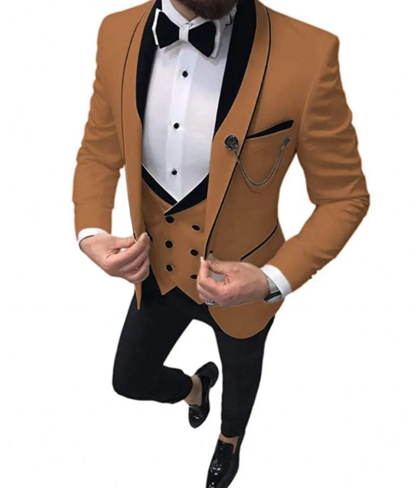 Brand New Khaki Groom Tuxedos Shawl Lapel Slim Fit Groomsmen Wedding Dress Excellent Man Jacket Blazer 3 Piece Suit Jacket Pants Vest Tie 1293