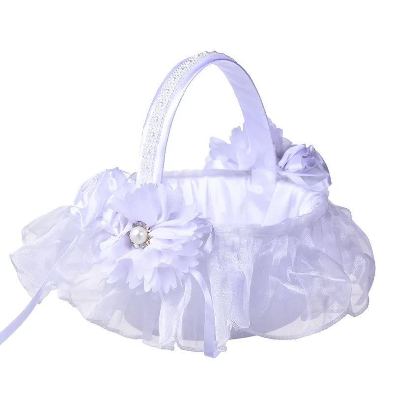 White Wedding Flower Basket With Elegant Satin Round And Pink Rose Girl Baskets Favors Decor H5634289o