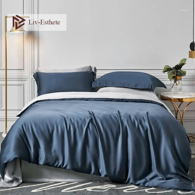 Liv-Esthete シルク 100% ブルーグレー寝具セット 25 匁クイーンキング布団カバーベッドシートフィット枕美容睡眠用