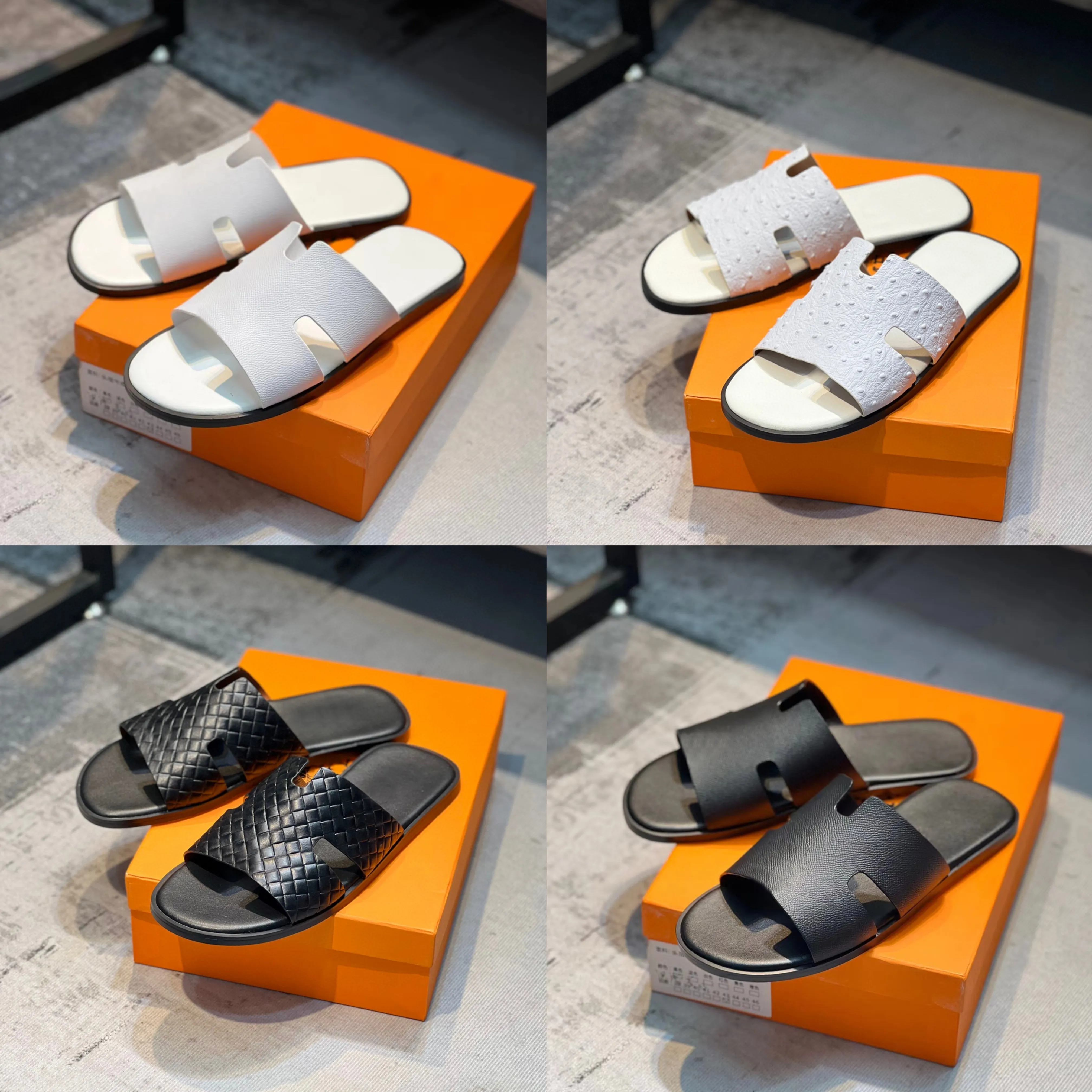 Designer Slippers Men Calfskin Slippers Flat Large Slides Summer Beach Sandals Lazy Scuffs Sandal Size 38-45
