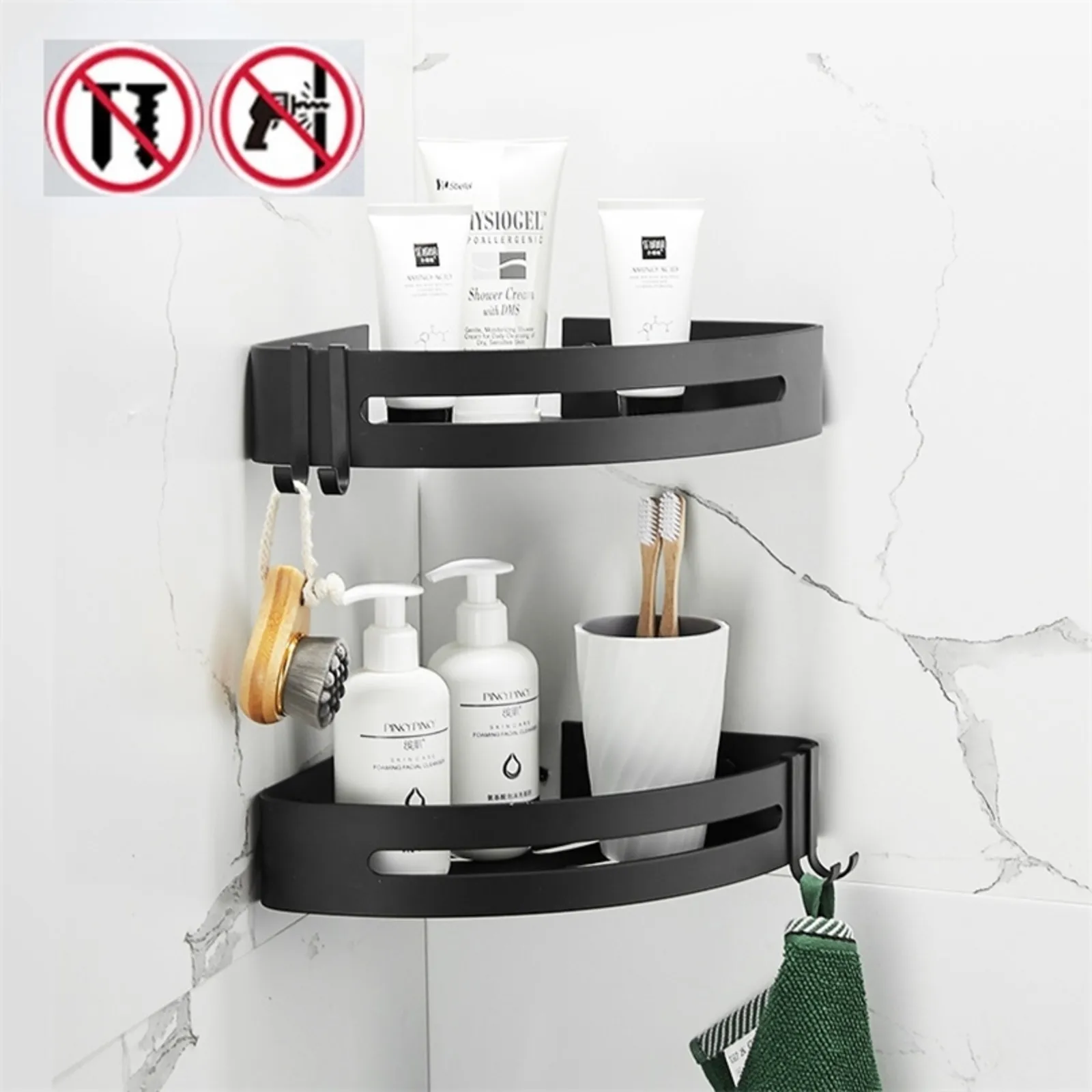 Estante de baño organizador, estante de almacenamiento para ducha, estantes de esquina negros, soporte de champú para inodoro de aluminio montado en la pared, sin taladro 220527