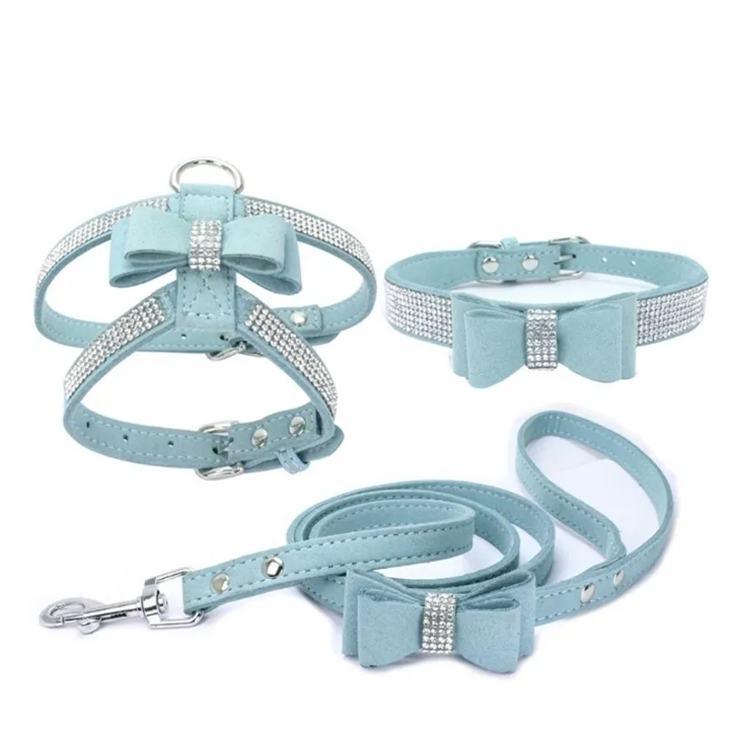 Adjustable Chest Strap With Buckle Soft Suede Bow Pet Dog Cat Harness Leather High Quality Pet Collar 3-Piece Set T200517