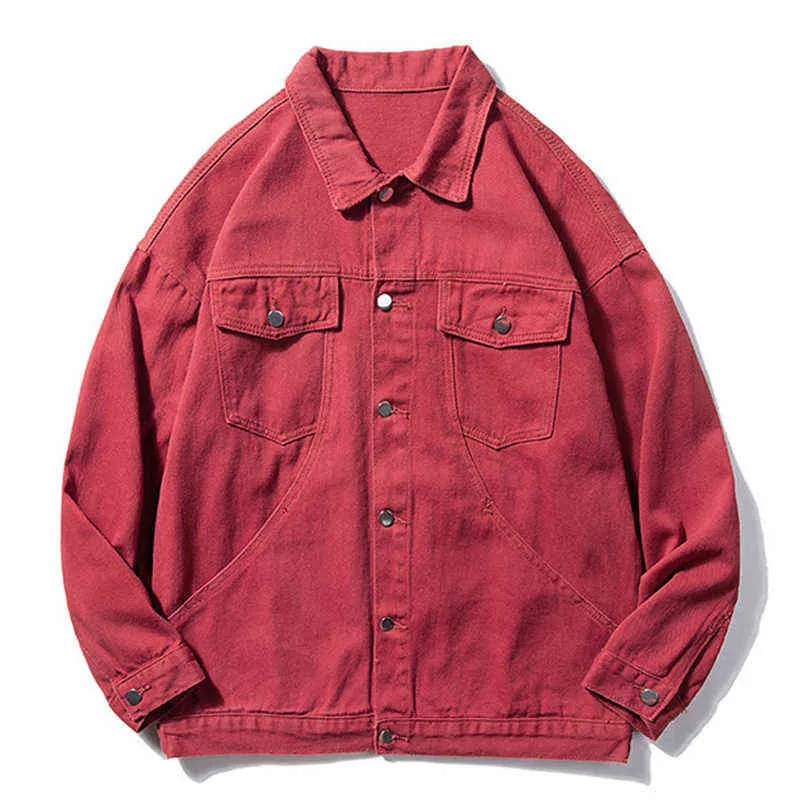 kırmızı denim ceket gevşek denim ceket streç basit düz renk tek göğüslü erkekler rahat ceket/erkekler klasik denim 5 renk y220803