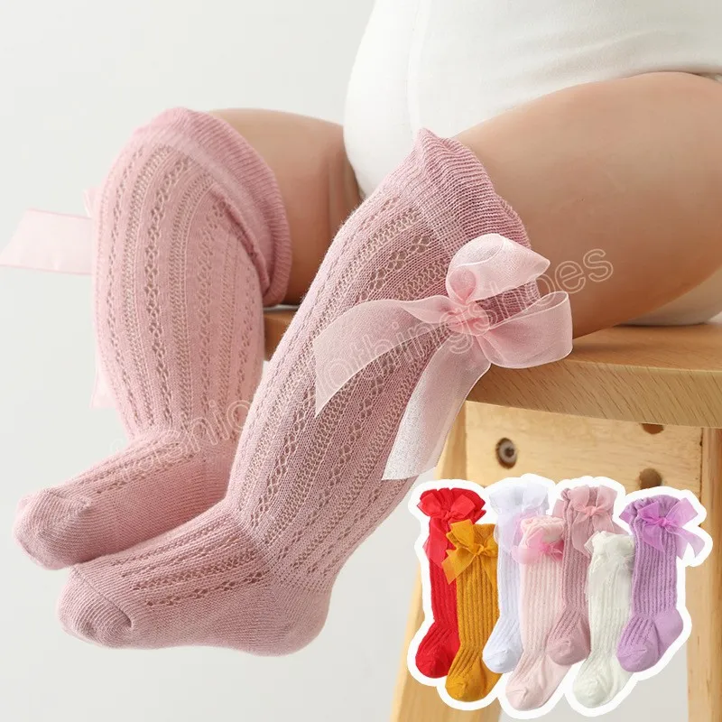 Bonitos calcetines de encaje con lazo para niñas, calcetín largo de Color sólido para recién nacidos, calcetín largo de malla de verano, calcetines transpirables hasta la rodilla para bebés