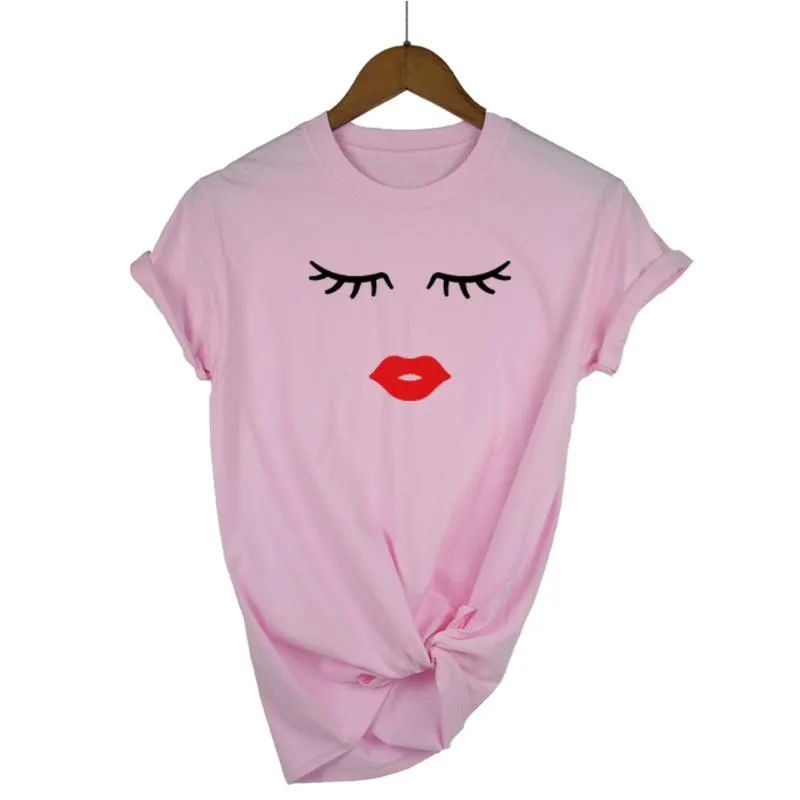 Women's T-Shirt Pretty And Cute Eye Lashes Red Lips Print Women T Shirt Summer Casual Short Sleeve O Neck Ladies Cotton TShirt Tops